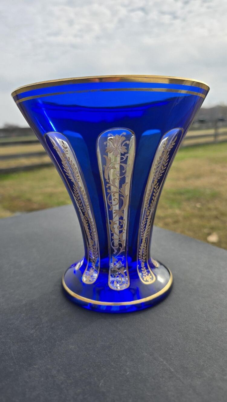 Vintage Cobalt Blue Cut to Clear Gold Encrusted Glass 6.5" Vase Bohemian Floral